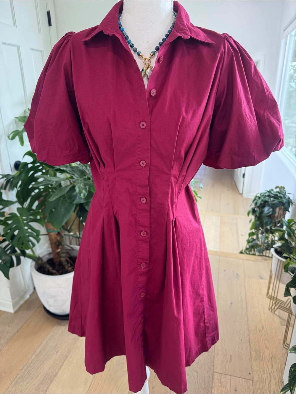 LOFT Berry Button-Front Puff Sleeve Mini Dress Boho Size 4P 100% Cotton